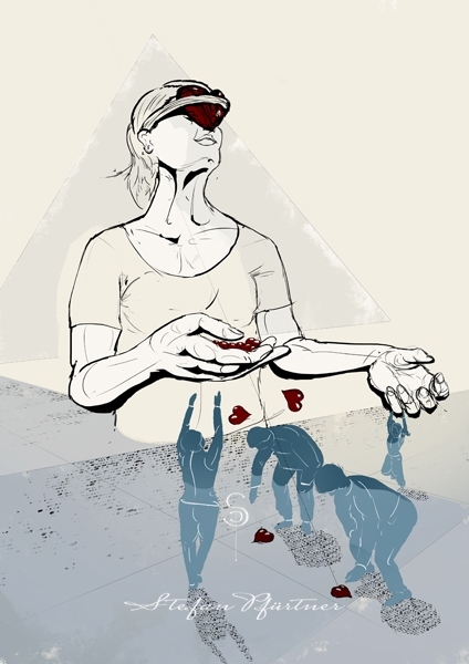 Psychologie Heute Illustration Thema Helfersyndrom Altruismus abstrahiert - Eine Titanin verschenkt geblendet von Altruismus Ihre Güte.