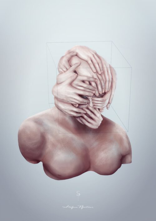 Darstellung von Dysmorphophobie - Eine Person gefangen in sich selbst.