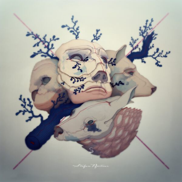 Natur Natur in Form von vier Köpfen in einem Konglomerat. Reh Eule Wolf und Mensch in einer illustrativen Darstellung.