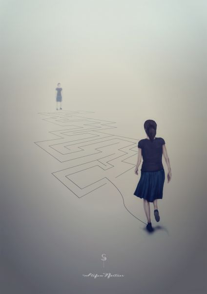 Bachelorarbeit Aesthetik - Dysmorphophobie Der Weg zu sich selbst illustrativ dargestellt als Person die sich selbst durch ein Labyrinth führen muss.