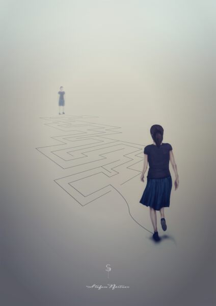 Bachelorarbeit Aesthetik - Dysmorphophobie Der Weg zu sich selbst illustrativ dargestellt als Person die sich selbst durch ein Labyrinth führen muss.