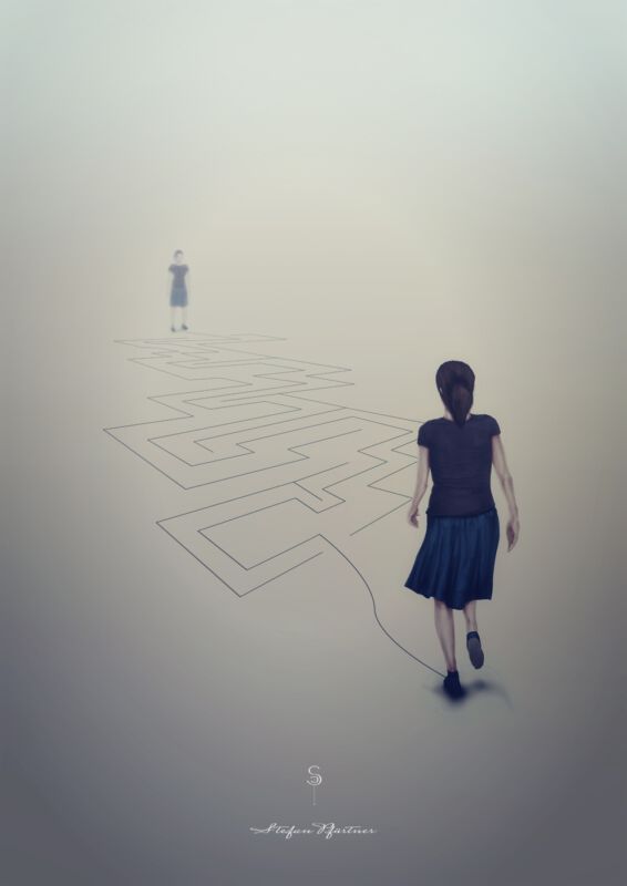 Bachelorarbeit Aesthetik - Dysmorphophobie Der Weg zu sich selbst illustrativ dargestellt als Person die sich selbst durch ein Labyrinth führen muss.