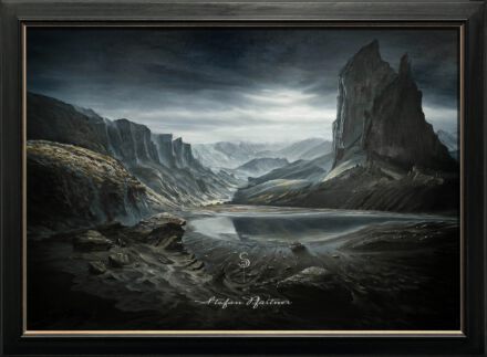 Düstere Berglandschaft in der Abenddämmerung gemalt mit Michael Harding Ölfarben auf Leinwand.